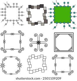 A set of frames and borders for framing images and text. Vector illustration square frames in different styles from floral to cyber technical in the form of a chip or processor.