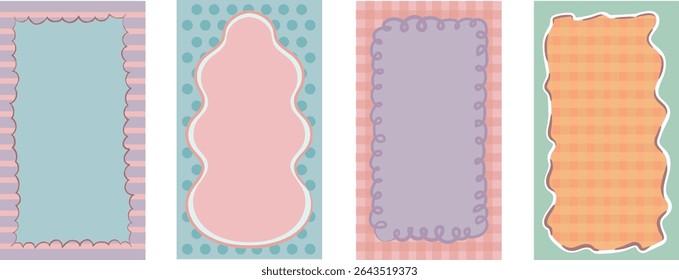 Set of frames. Borders with geometric patterns and curved shapes. Abstract design elements. Flat vector illustration collection.