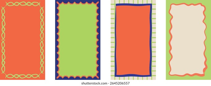 Set of frames. Borders with geometric patterns and curved shapes. Abstract design elements. Flat vector illustration collection.