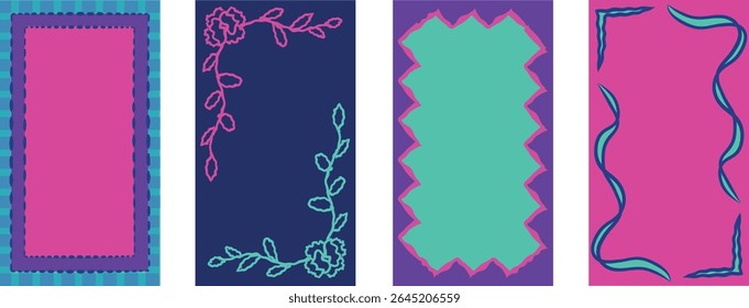 Set of frames. Borders with geometric patterns and curved shapes. Abstract design elements. Flat vector illustration collection.