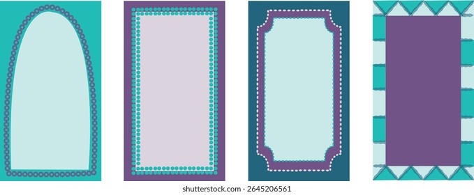Set of frames. Borders with geometric patterns and curved shapes. Abstract design elements. Flat vector illustration collection.
