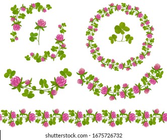 Set of frames and borders made of pink clover flowers. Templates for creating postcards and booklets.