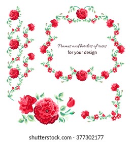 Set of frames and borders of red roses.Floral background with elements for design of cards, invitations