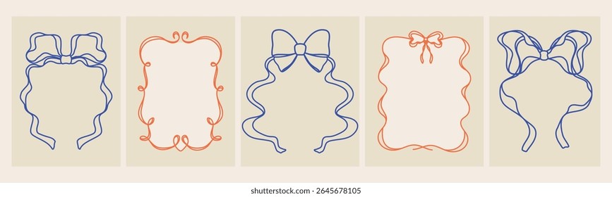 Set of frames and borders in wavy style. Ribbon, bows, bowknot. Elements for greeting cards, Valentine's day, birthday. Coquette. Hand drawn and doodles. Outline, line art. Whimsical collection.