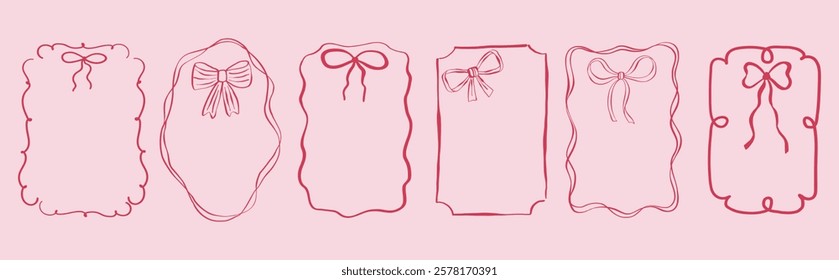 Set of frames with bows and ribbons. Hand drawn vintage illustration for greeting cards, gifts, posters, banners, invitations and party backgrounds.
