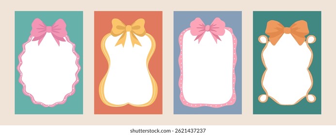 Set of frames with bows and ribbons, with space for text, for decorating postcards, holidays, birthdays. Vector.