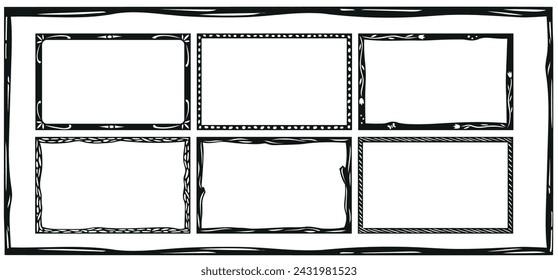 Set of frames in the Brazilian woodcut style. Vector illustration, isolated elements