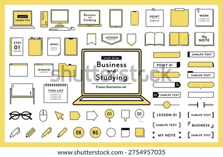 
A set of frames for business and study.
It includes illustrations of work, computers, PCs, notebooks, and books, as well as decorative designs and embellishments.