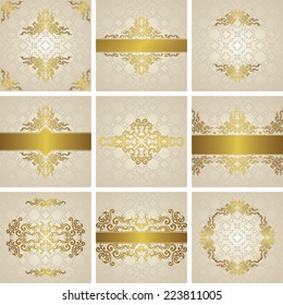 Set of frames, cards and invitations on  seamless background. Gold decoration                           