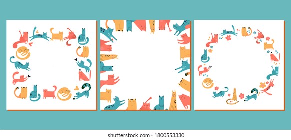 A set of frames with a cat print. Hand-drawn cats for print, textiles, t-shirts, posters. Vector pets of different colors. Frame design on a white background. Cute faces, mustaches, paws. Doodles.