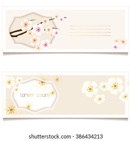 Set of frames with cherry blossom on a light background. Horizontal flyer for wedding invitations and Save the Date.