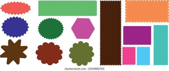 Set of frames in colours of squares, ellipse, round and various sizes with zigzag smooth edges. Templates for design. Vector illustration of white blank forms for writing text, notes, photos.