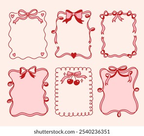 Set of frames with coquette pretty charming  bows, hearts, cherry berry, stars. Hand drawn trendy ribbons border. Vintage elements for greeting cards, wedding, invitations, social media 