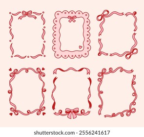 Set of frames with coquette pretty charming bows and ribbons. Hand drawn trendy borders. Vintage elements for greeting cards, wedding, invitations, social media 