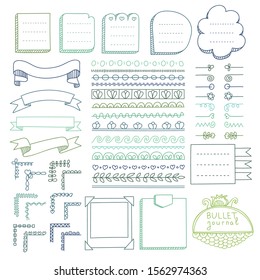 Set of frames, corners, dividers, ribbons and design elements for bullet journal, notebook, diary and planner. Doodle banners isolated on white background. 