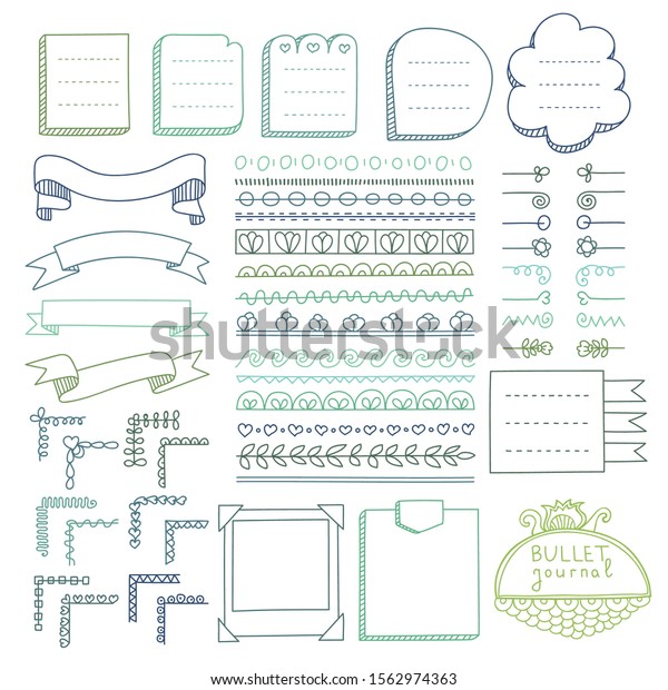 Set of frames, corners,\
dividers, ribbons and design elements for bullet journal, notebook,\
diary and planner. Doodle banners isolated on white background.\
