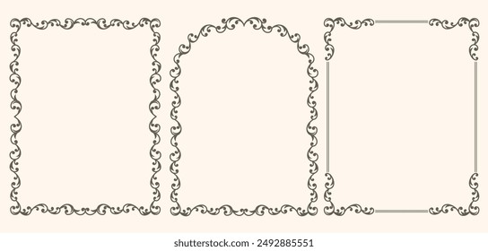 Set of frames with curls and monograms. Rectangular frames and arches. Frames for a wedding invitation, menu, certificate, diploma.