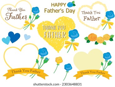 Set of frames with cute Father's Day titles of blue roses and yellow hearts