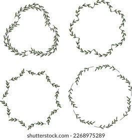 Set of frames with cute green branches on white background. Vector image.