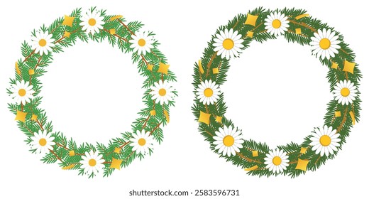 Set Of Frames Daisy Petals On Green Spruce Branch With Golden Confetti, Isolated On Background. Beautiful Daisy Flowers Vector Illustration Design