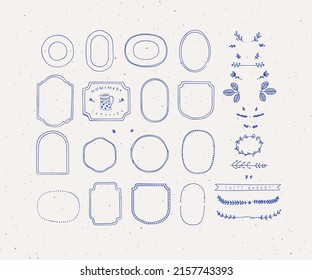 Set of frames and decor elements in handmade graphic primitive casual style on beige background.