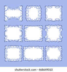 Set of frames with decorative graphic elements on blue background for design