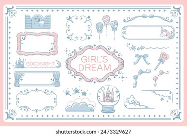 Set of frames and design elements. Dreamy pastel tone girly style with night, moon, stars. Vector illustration.