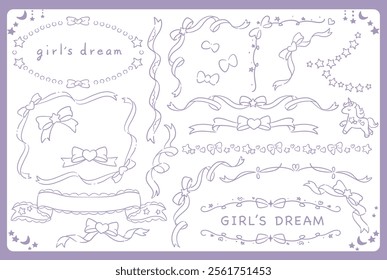 Set of frames and design elements. Dreamy pastel tone girly ribbon with night, moon, stars. Vector illustration.