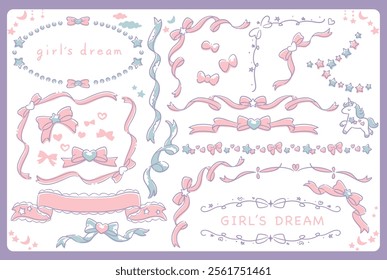 Set of frames and design elements. Dreamy pastel tone girly ribbon with night, moon, stars. Vector illustration.