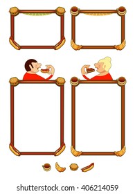 A set of frames and design elements on the bistro. Man receives food.
Theme of the restaurant or cafe.