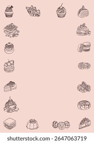 Set of frames with dessert icon. Doodle borders with dessert vector line art. Food template minimalist illustration border