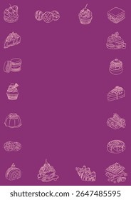 Set of frames with dessert icon on purple background. Doodle borders with dessert vector line art. Food template minimalist illustration border