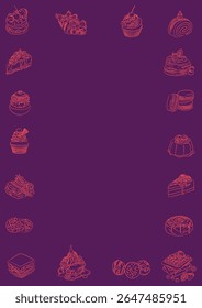 Set of frames with dessert icon pin on dark purple background. Doodle borders with dessert vector line art. Food template minimalist illustration border