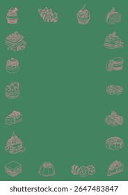 Set of frames with dessert icon pink on green background. Doodle borders with dessert vector line art. Food template minimalist illustration border