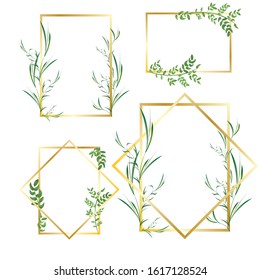 Set of frames. Set of different frames. Golden delicate frame with green spring leaves on a white background.