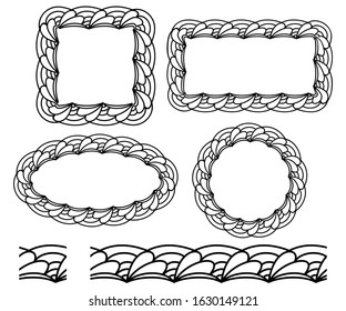 Set of frames of different shapes in the doodling style and elements of a pattern brush. Isolated on a white background. Sketch ornament. Vector illustration