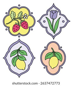 Set of frames of different shapes with flowers, berries and lemons. Vector graphics, cartoon	