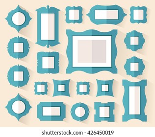 A set of frames of different shapes. Options for placing the pictures on the wall. Vector illustration in flat style.