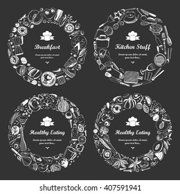 Set of frames (doodle style). fruits and vegetables, baked goods, breakfast, kitchen tools