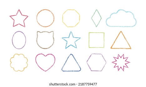 Set of Frames Drawn with Wax Pencil and Chalk. Colorful Shape Templates. Simple Children Line Style, Hand Drawn. Fun Bright Textured Frames. White background. Vector illustration.