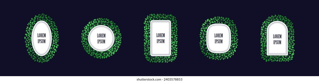 Set of frames for ecology and nature. Labels of different shapes with an even outline of green leaves around. Ready design elements