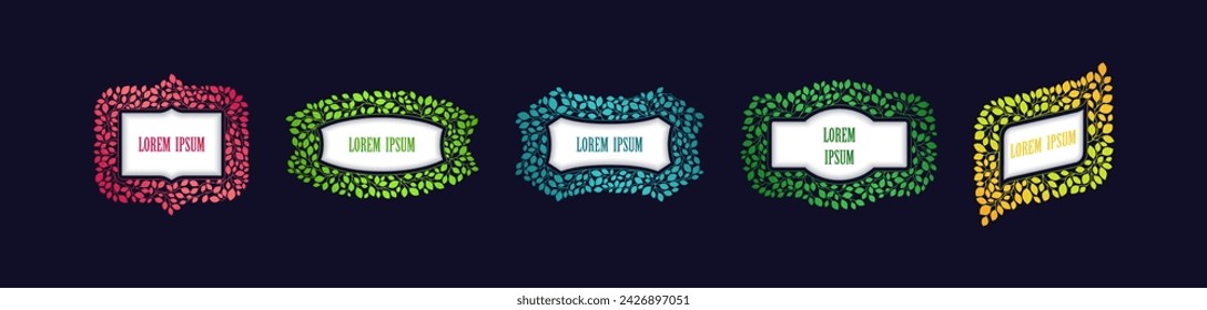 Set of frames for ecology and nature. Labels of different shapes with an even outline of colorful leaves around. Ready design elements