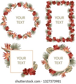 Set of frames with exotic tropical flowers and palm leaves in pastel colors  artwork  for souvenirs, packaging, greeting cards and scrapbooking