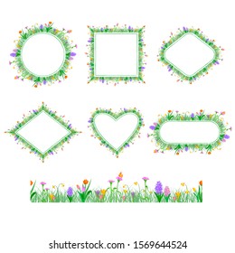 Set of frames and extendable to endless seamless border with spring flowers: hyacinth,tulip,crocus,narcissus.Frames in form of circle,rectangle,square, rhombus, heart.Vector isolated illustration.