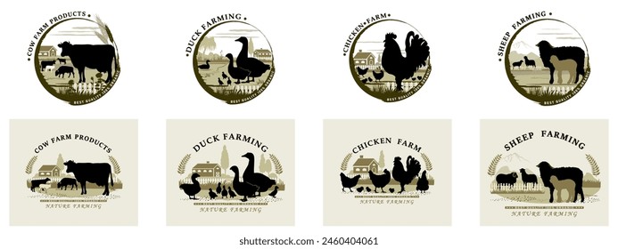 Set of frames with farm objects and domestic animal silhouettes and text for product labels. Vector illustration.	
