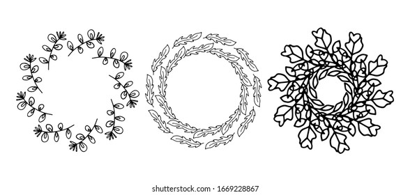 Set of frames with floral elements. Rustic. Hand drawn simple line. Black stroke. Isolated on white background. Elegant and noble. Best for wedding design. Invitation. Copy space. vector illustration