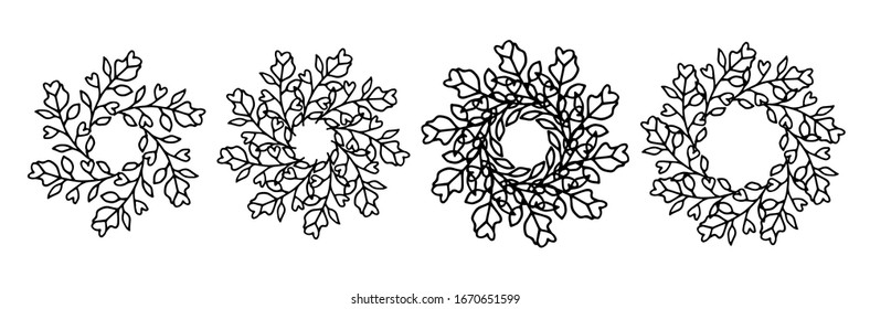 Set of frames with floral elements. Rustic. Hand drawn simple line. Black stroke. Isolated on white background. Elegant and noble. Best for wedding design. Invitation. Copy space. vector illustration