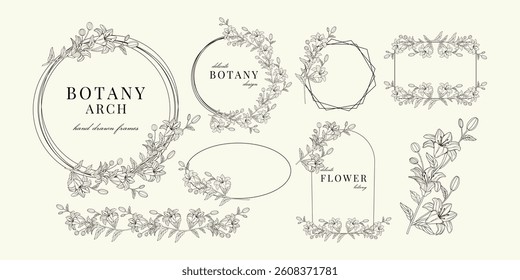 Set of frames with flowers. Circles and squares, ovals and rhombus. Hand drawn silhouette of botanical leaves. Decorations for wedding invitations. Tattoo outline. Branches. Line art. Wreaths. Element