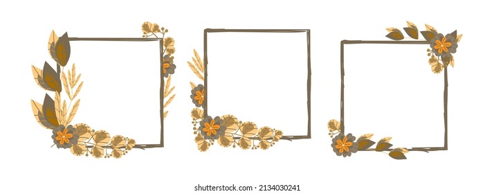Set of frames with flowers and twigs, hand-drawn elements in cartoon style. Flowers. Templates for postcards. Vector images of plants on white background. 