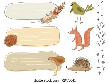 A set of frames with forest animals and their footprints